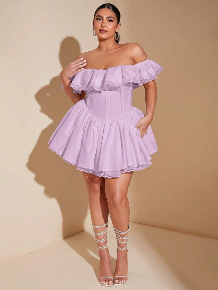 SHEIN BAE Plus Size Ruched Lace Trim Off Shoulder Elegant Pleated Dress | SHEIN