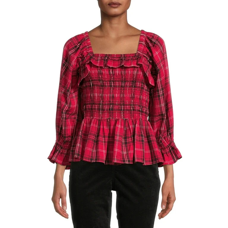 Romantic Gypsy Juniors' Smocked Plaid Shirt with Balloon Sleeves | Walmart (US)