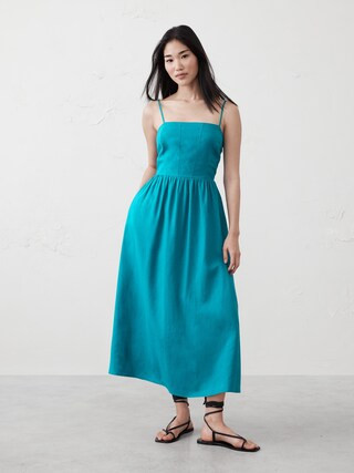 Linen-Blend Seamed-Bodice Midi Dress | Banana Republic Factory
