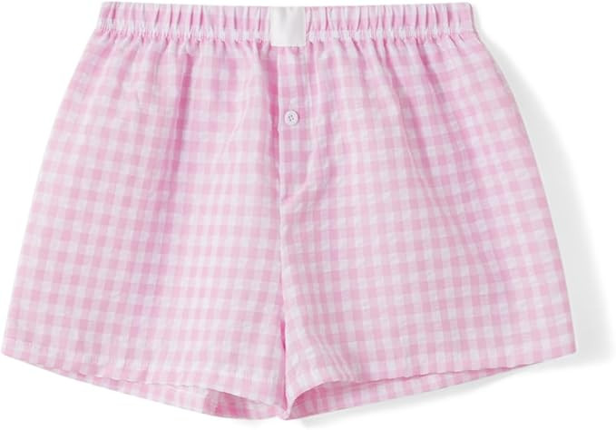 Women Gingham Boxer Shorts Y2k Cute Stripes Plaid Button Elastic Waist Lounge Boxers | Amazon (US)