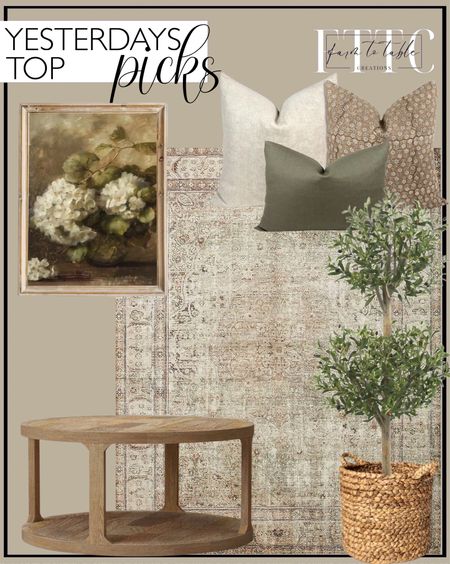 Yesterday’s Top Picks. Follow @farmtotablecreations on Instagram for more inspiration.

Castalia Round Natural Wood Coffee Table - Threshold. PILLOW COMBO | Warm Neutrals, Beige Woven Pillow, Camel Floral Pillow, Green Pillow, Pillow Combination, Sofa Pillow Set, Fall Pillow Combo. Loloi II Margot Collection MAT-01 Antique / Sage Area Rug. Hydrangea Painting, Vintage Flower Print, Dark Moody Antique Botanical. 4.5' Olive Double Topiary Silk Tree. 13.5" x 14.5" Woven Decorative Basket - Threshold. 

#LTKsalealert #LTKhome #LTKfindsunder50