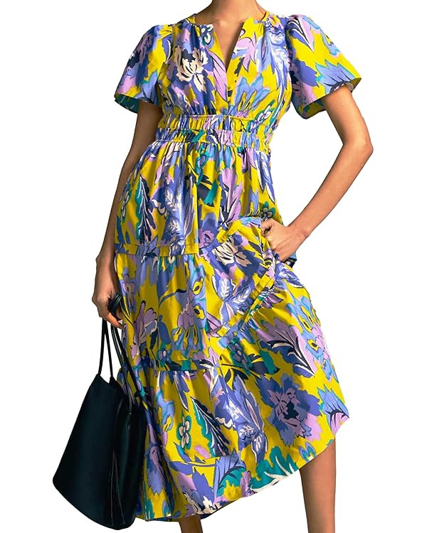 Women's Summer Print Maxi Dress with V-Neck, Smocked Waist, Side Pockets and Pintucked Hem | Amazon (US)