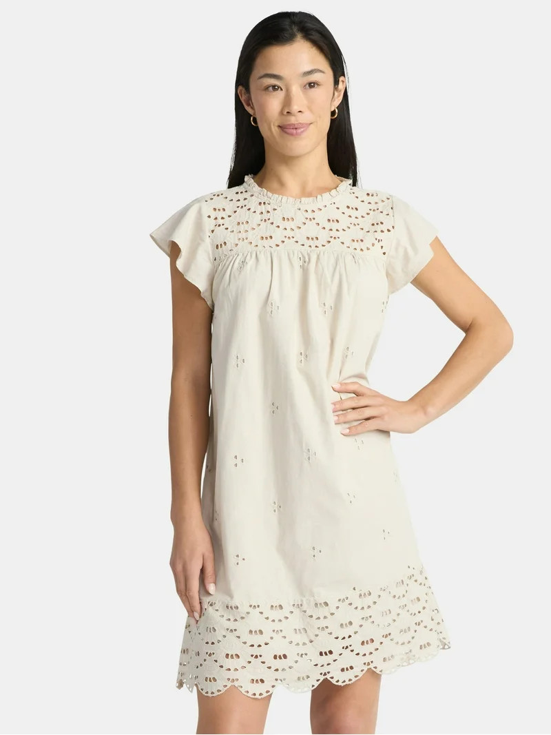 Time and Tru Women's Eyelet Mini Dress with Flutter Sleeves, Sizes XS-XXXL | Walmart (US)