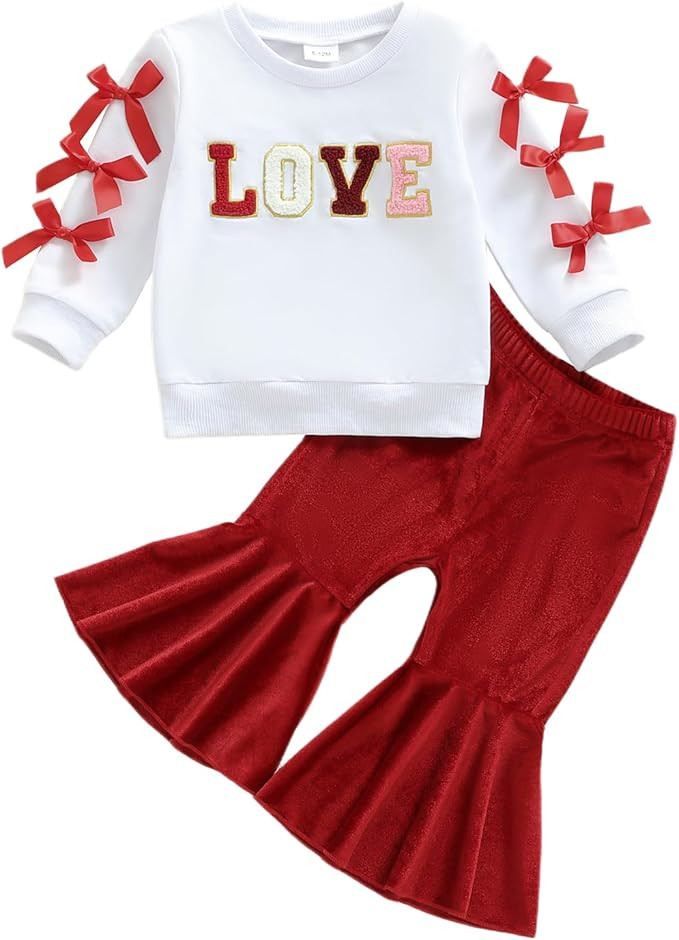 Toddler Baby Girl Valentines Day Outfit Embroidery Crewneck Long Sleeve Sweatshirt Top Flared Pan... | Amazon (US)