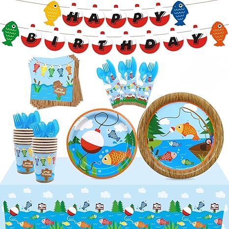 Gone Fishing Party Tableware Supplies Set Serves 20 Guests-Bobber Happy Birthday Banner,Plates, C... | Amazon (US)