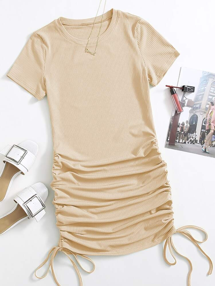 Drawstring Side Rib-knit Bodycon Dress | SHEIN