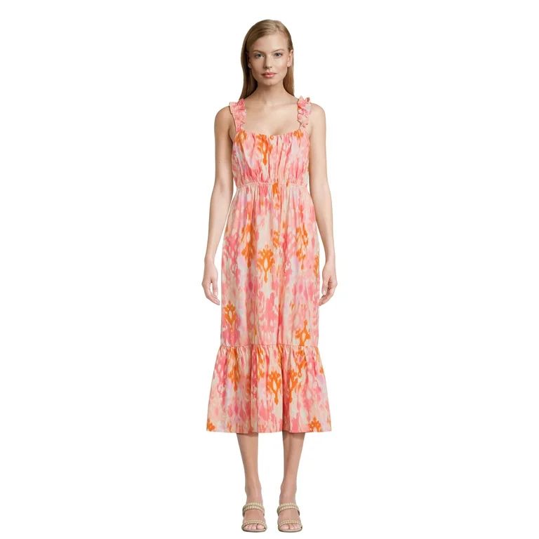 Time and Tru Women's Tie Back Midi Dress with Ruffled Straps, Sizes XS-XXXL | Walmart (US)