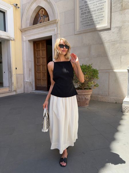 Spring style, black and white outfit, a line midi skirt, & other stories, strappy black top, European summer outfit, Russell and Bromley sandals 

#LTKstyletip #LTKeurope #LTKsummer