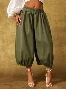 Vixey Olive Green Solid Woven Elastic Waistband Wide Leg Pleated Culotte Pants, Going Out | SHEIN