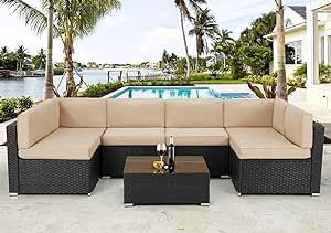 U-MAX 7 Piece Outdoor Patio Furniture Set, Black PE Rattan Wicker Sofa Set, Outdoor Sectional Fur... | Amazon (US)