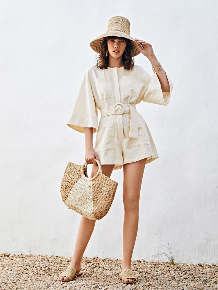 SHEIN Bell Sleeve Patch Pocket Buckle Belted Romper | SHEIN