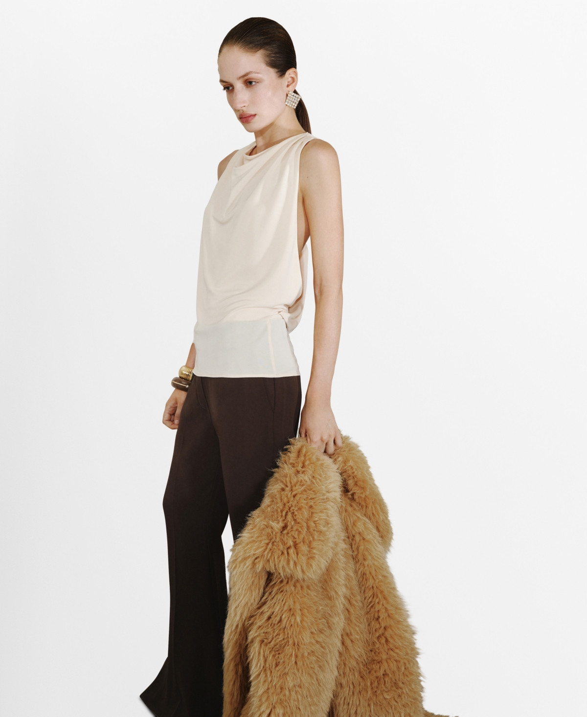 Mango Women's Metallic Detail Draped Top - Ecru | Macy's