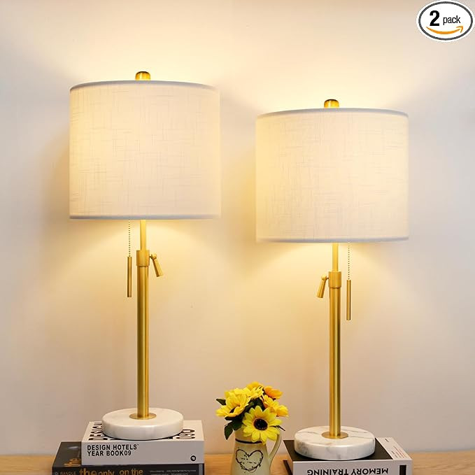 Gold Table Lamp Set of 2, 22-30" Height Adjustable Modern Nightstand Lamps with Marble Base and P... | Amazon (US)
