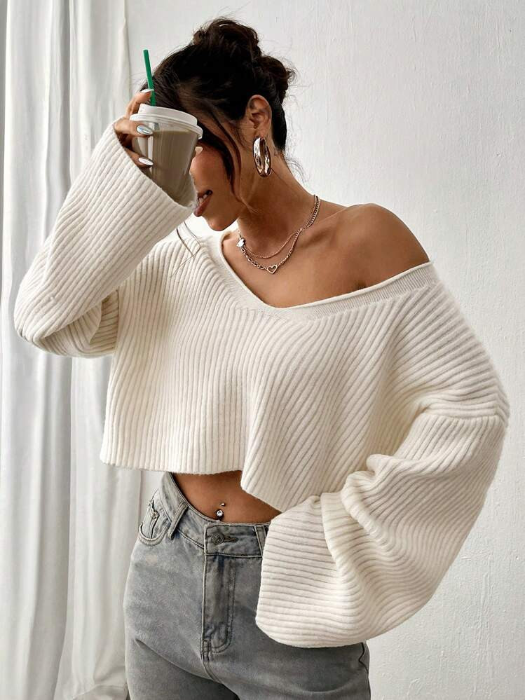Solid Color Drop Shoulder Short Ribbed Knit Sweater, Long Sleeve Top | SHEIN