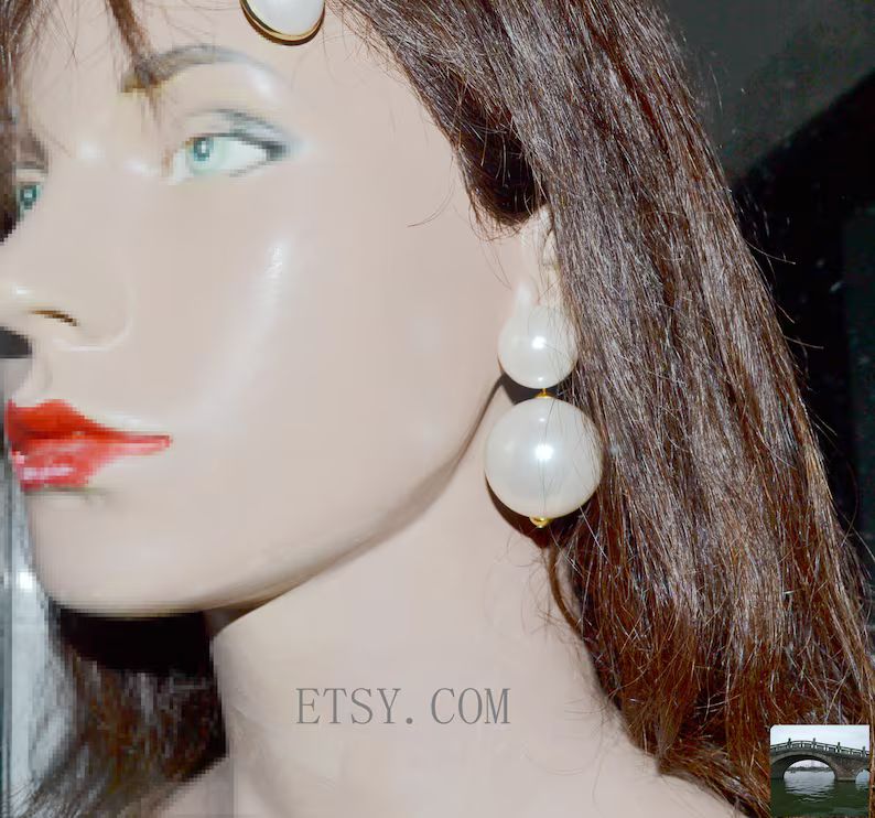 Big Pearl Earrings, Double Pearl Earrings, 18mm Stud and 30mm Dangling Earrings, Gold Tone Earrin... | Etsy (US)