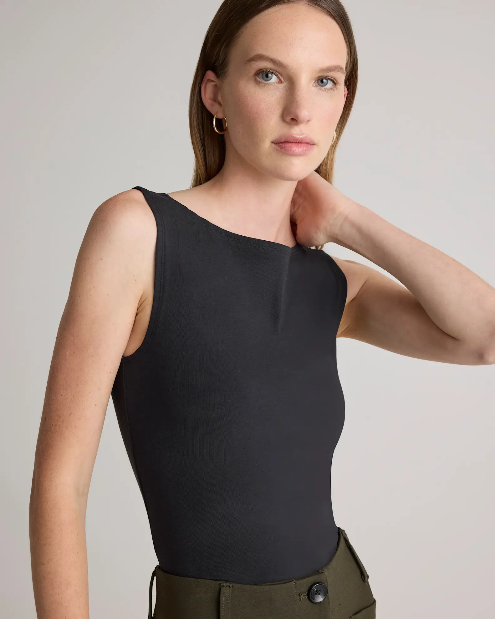 Stretch Cotton Jersey Boat Neck Tank in Black | Quince