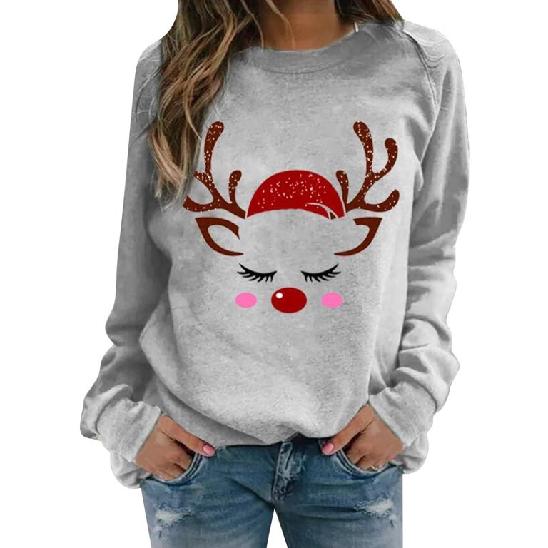 Autumn Winter Long Sleeve Crew Neck Christmas Reindeer Print Pullover Tops Sweatshirts for Women ... | Walmart (US)