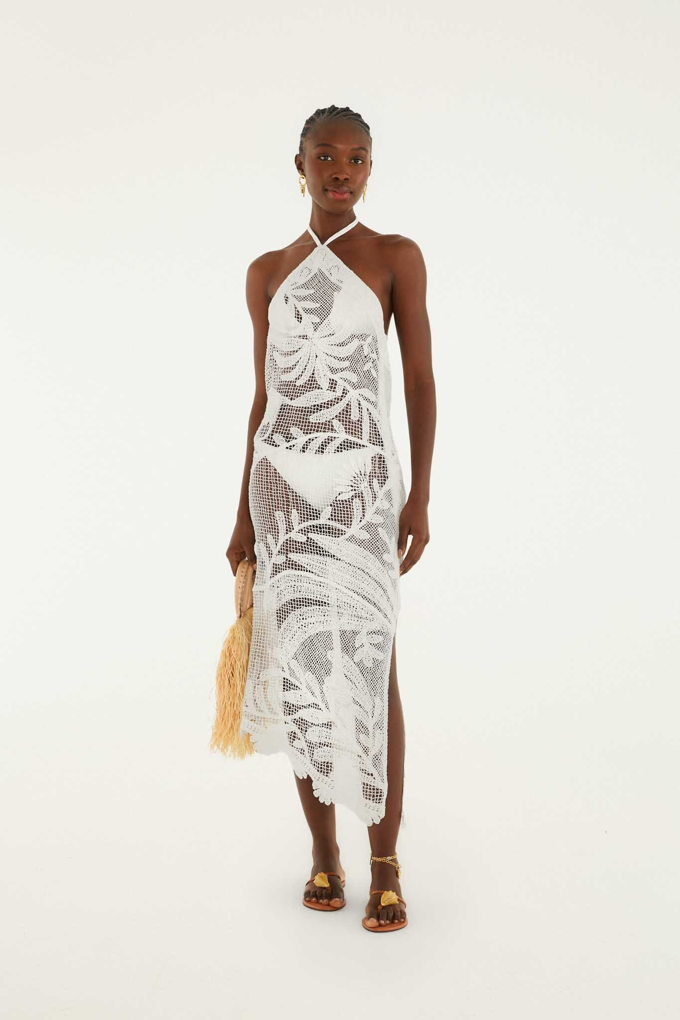 White Crochet Halter Neck Sheer Midi Dress | Farm Rio UK