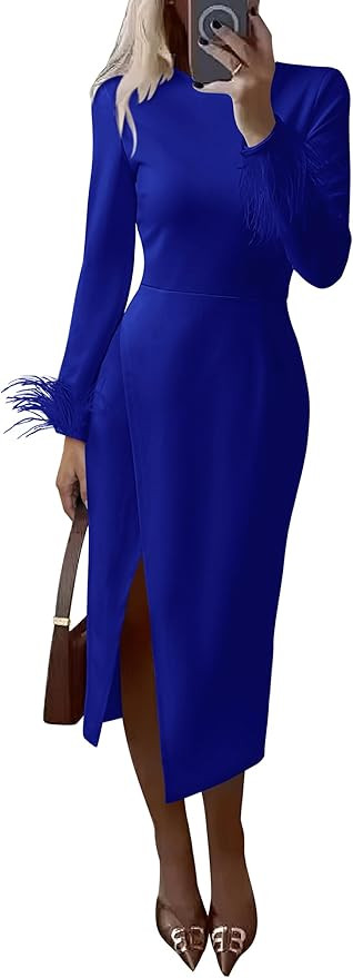 PRETTYGARDEN Women's 2023 Fall Long Sleeve Dress Formal Midi Bodycon Wrap Slit Feather Elegant We... | Amazon (US)
