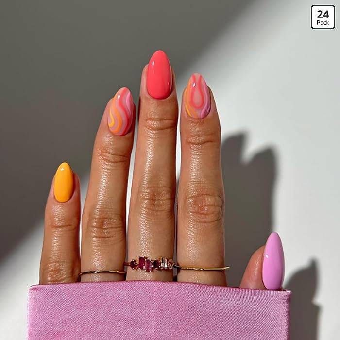 24 Pcs Press on Nails Almond Fake Nails RIICFDD Medium False Nails with Colorful Candy Color Curv... | Amazon (US)