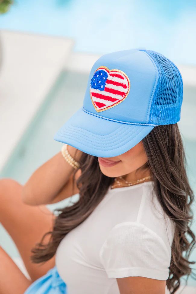 Flag Heart Patch Columbia Blue Trucker Hat | Pink Lily