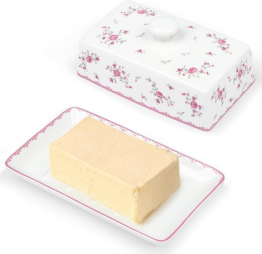 fanquare Ceramic Butter Dish with Lid, Pink Floral Butter Dish, Sealed Porcelain Butter Container... | Amazon (UK)