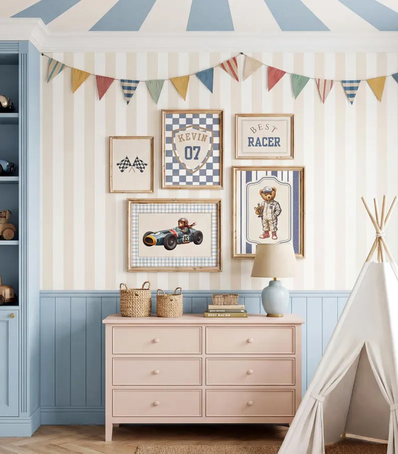 Personalized Vintage Race Car Nursery Art, Preppy Boy Room Decor Set (5 Prints) | Etsy (Global)