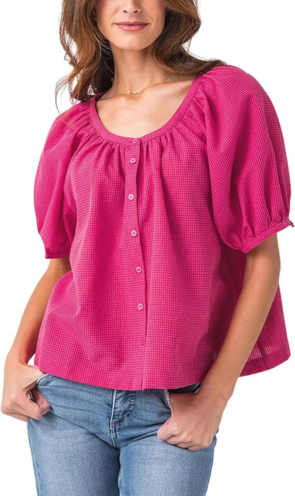 Tanming Womens Summer Plaid Button Down Shirts Short Puff Sleeve Cotton Crew Neck Gingham Blouses... | Amazon (US)