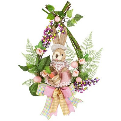 Northlight Flower Bunny Moss Vines Teardrop Easter Wreath - 22" - Pink - Unlit | Target
