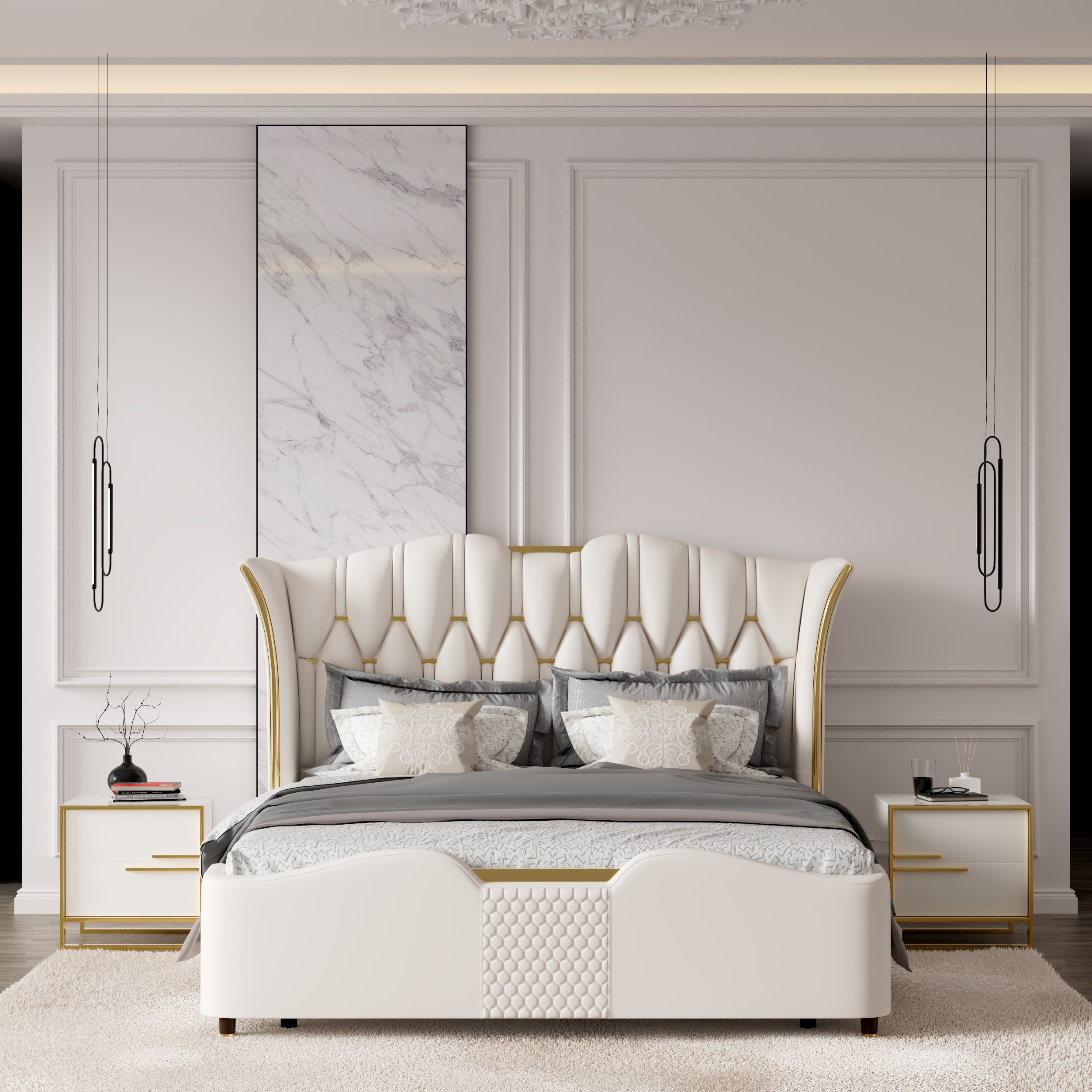 Minimalist Design Nightstand with 2 Drawers with Gold Base King Size Upholstered Bed Frame with Tufted Wingback Headboard | Homary