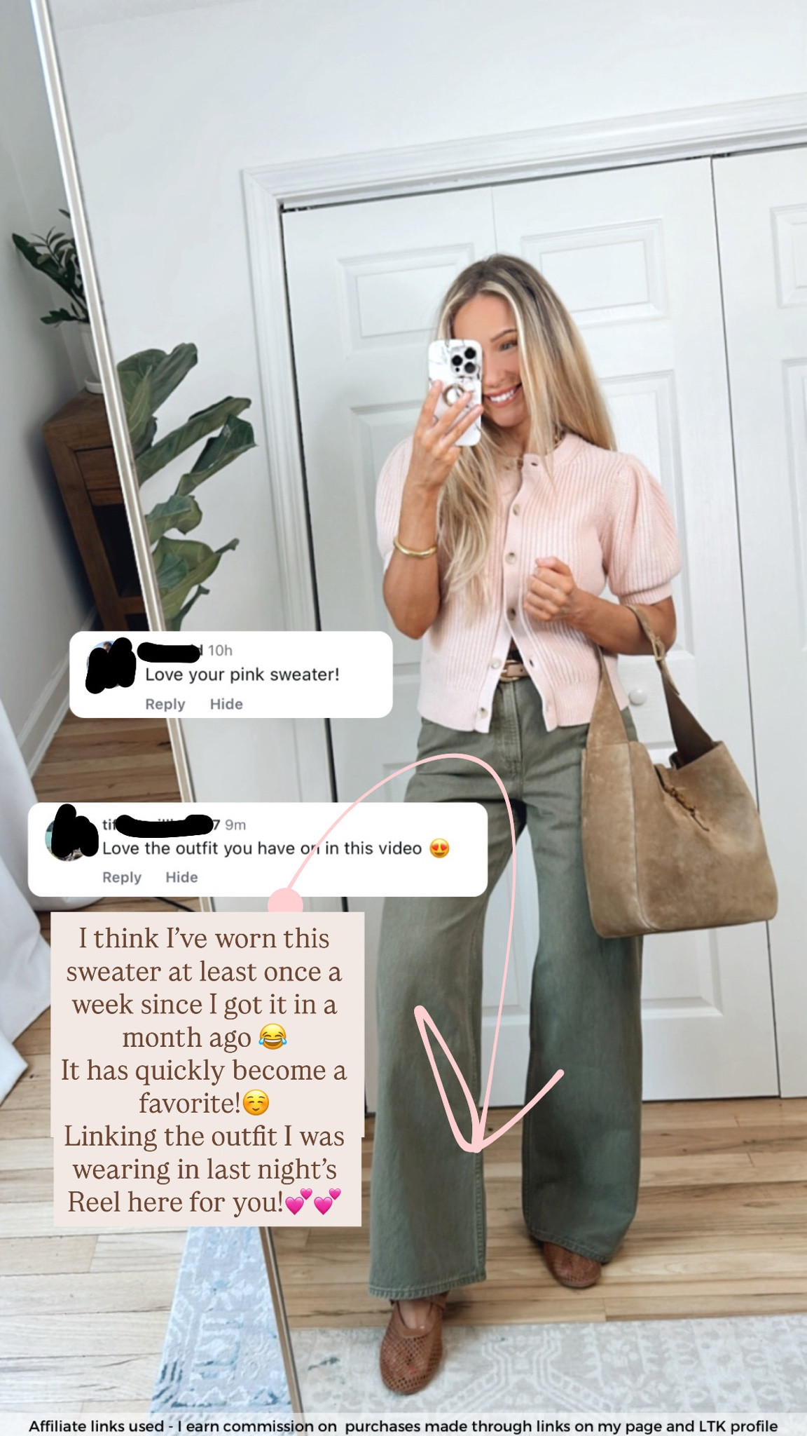 Pink cardigan and olive green wide leg jeans outfit

Spring style 
Cute and casual 