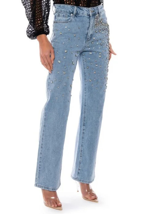RILEE EMBELLISHED STRAIGHT FIT JEANS in MEDIUM BLUE DENIM | AKIRA