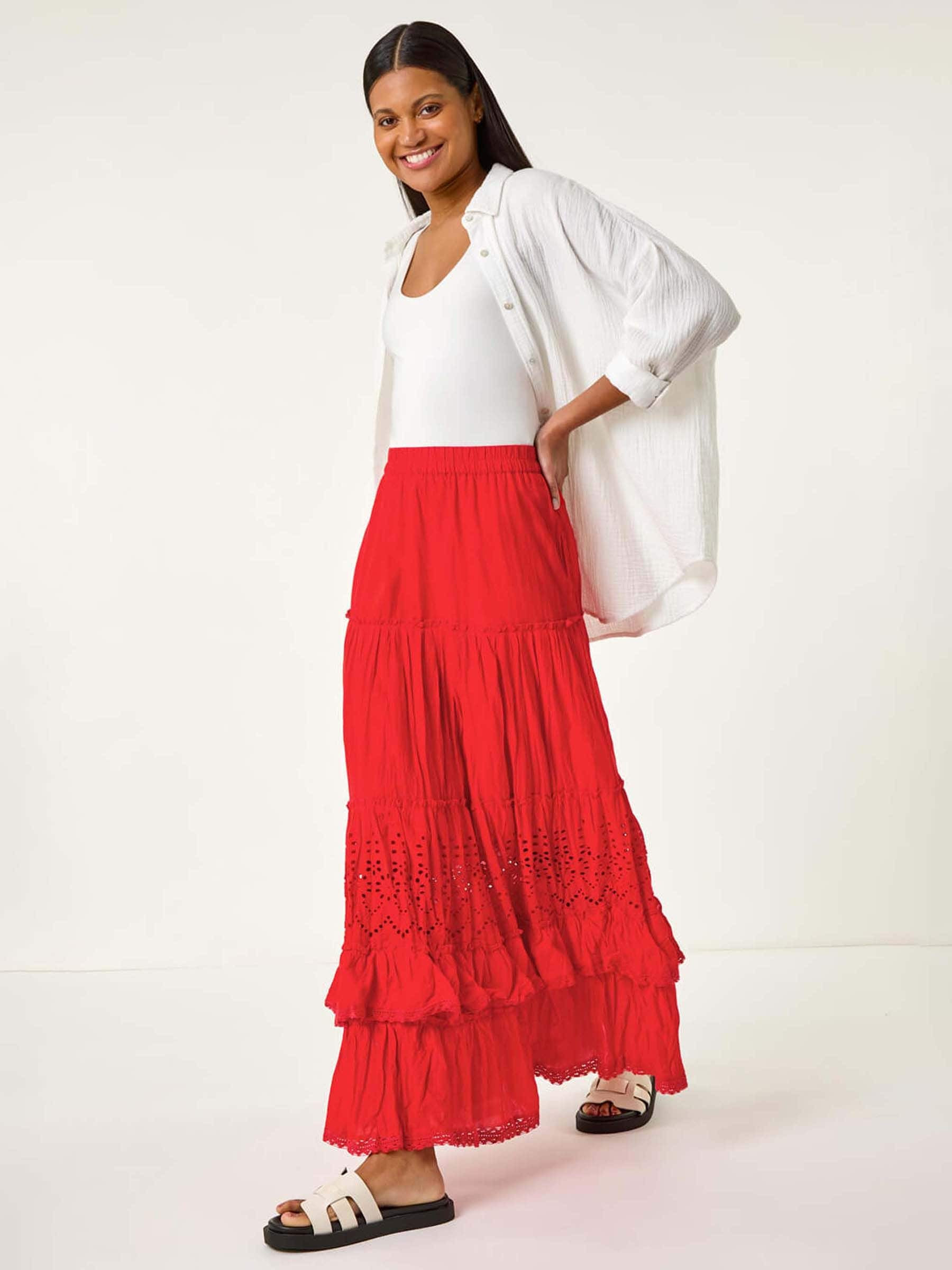 Roman Red Broderie Tiered 100% Cotton Maxi Skirt US 10 | Next US