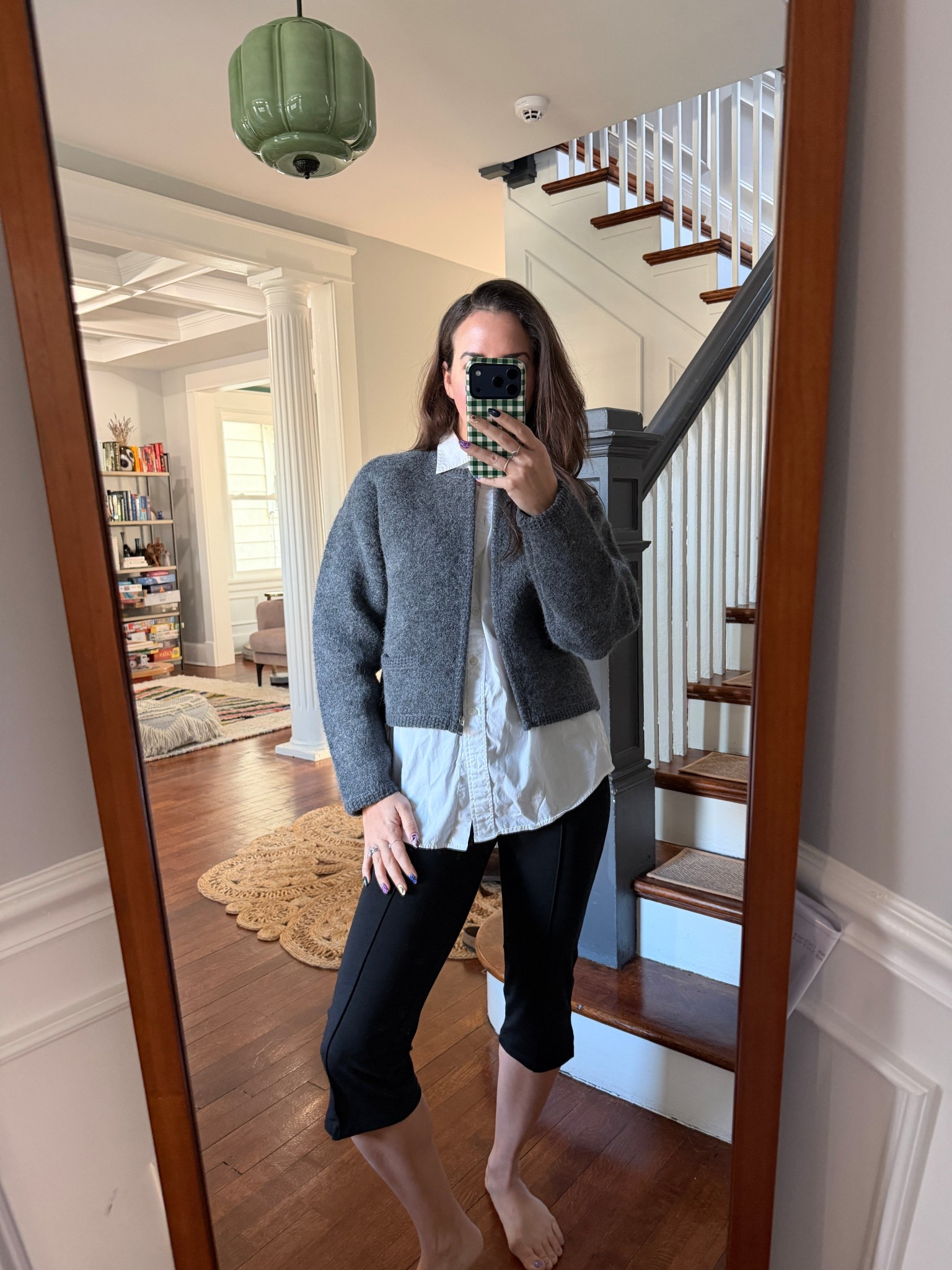 wearing a cozy outfit to work from home, capris, a wool jacket, oversized white button down.

@Shopbop . @frame. @gapstyle .  

 

#LTKSeasonal #LTKWorkwear #LTKSaleAlert