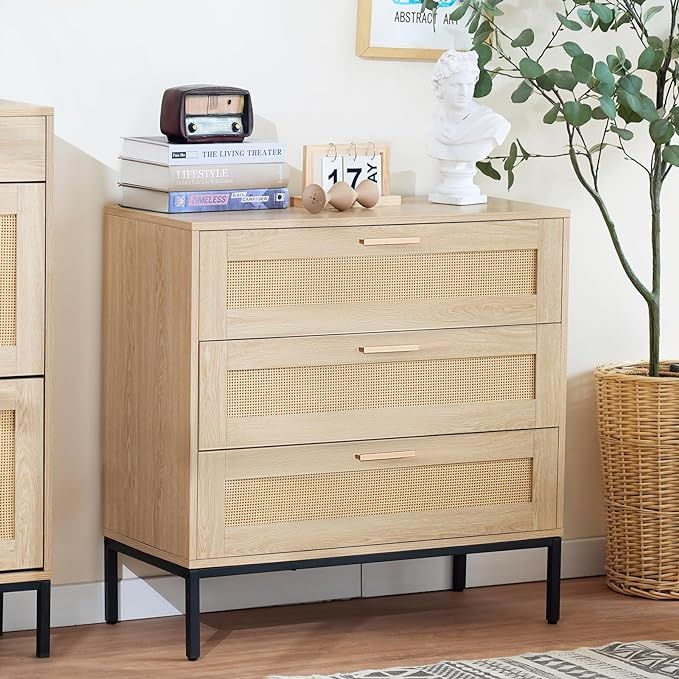 Rattan Dresser 3 Drawer Dresser for Bedroom Mid Century Modern Dresser Natural Rattan Chest of Dr... | Amazon (US)