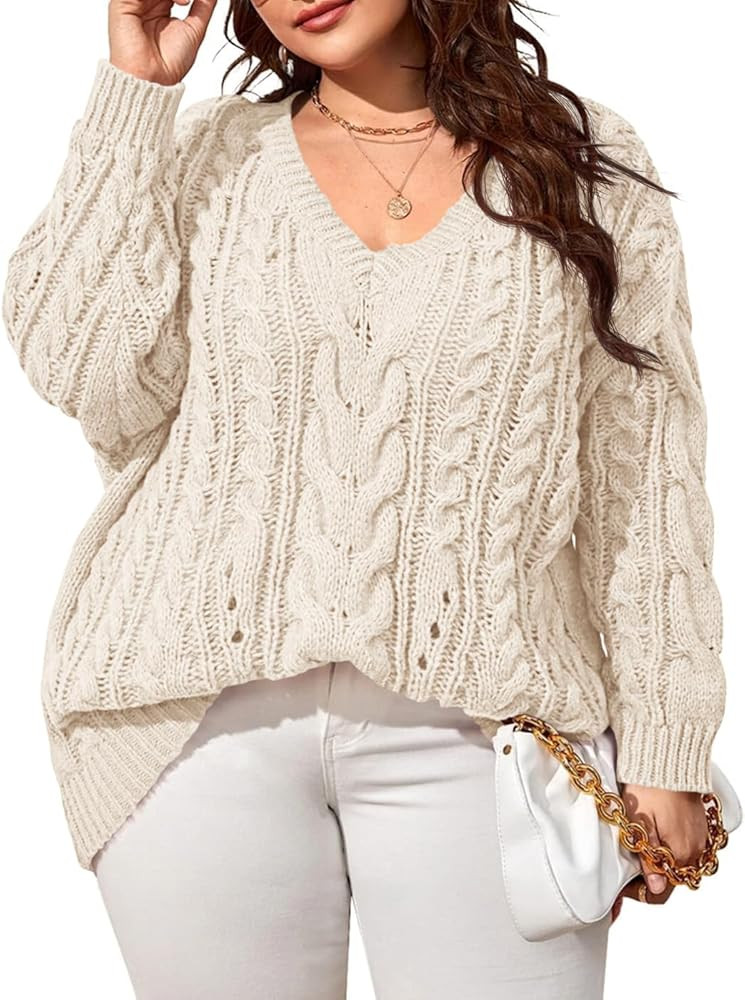 Dyexces Plus Size Sweaters for Women V Neck Long Sleeve Cable Knit Sweaters Casual Fall Sweaters ... | Amazon (US)