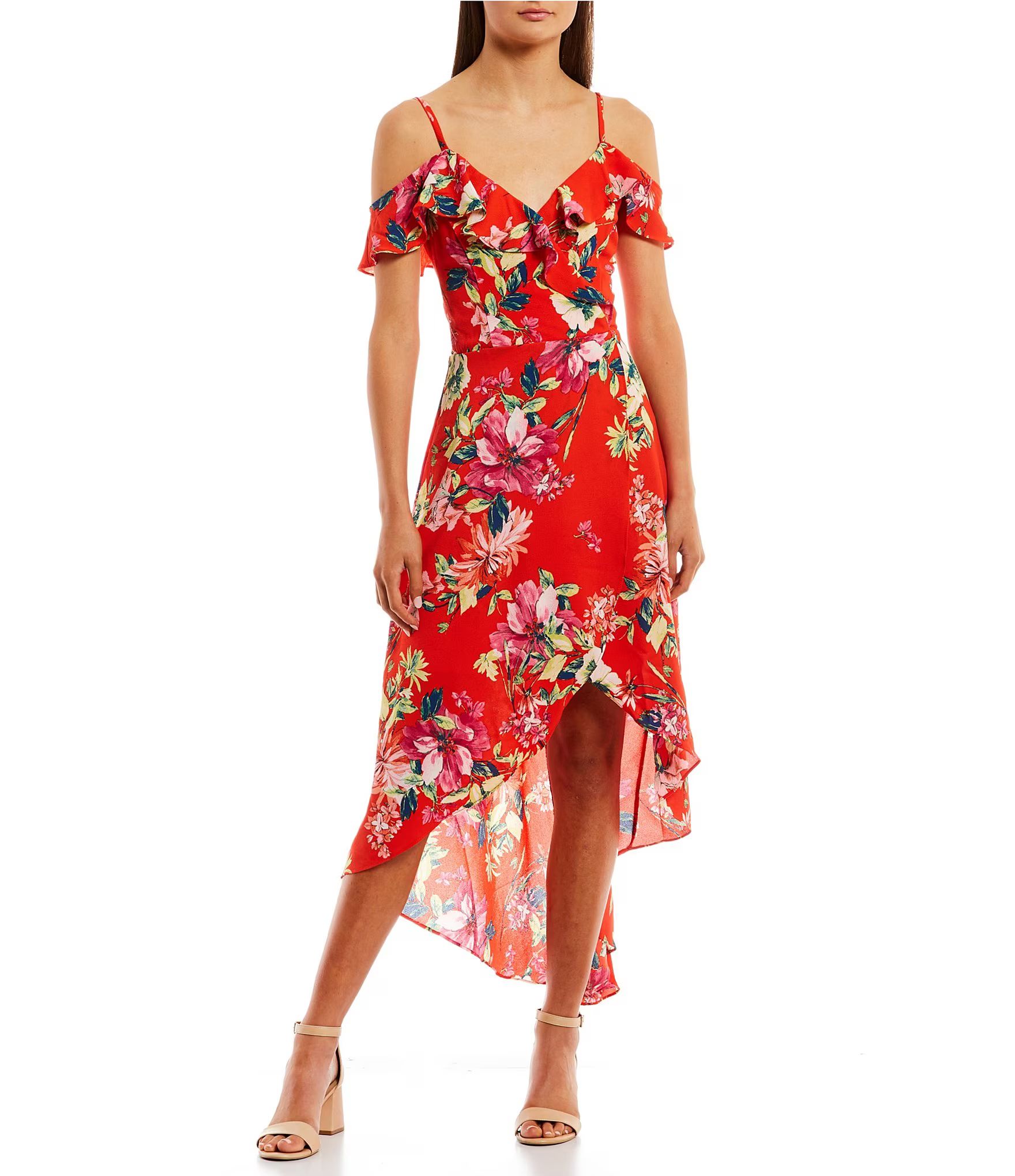 Off-The-Shoulder Ruffle Floral Chiffon Hi-Low Dress | Dillard's
