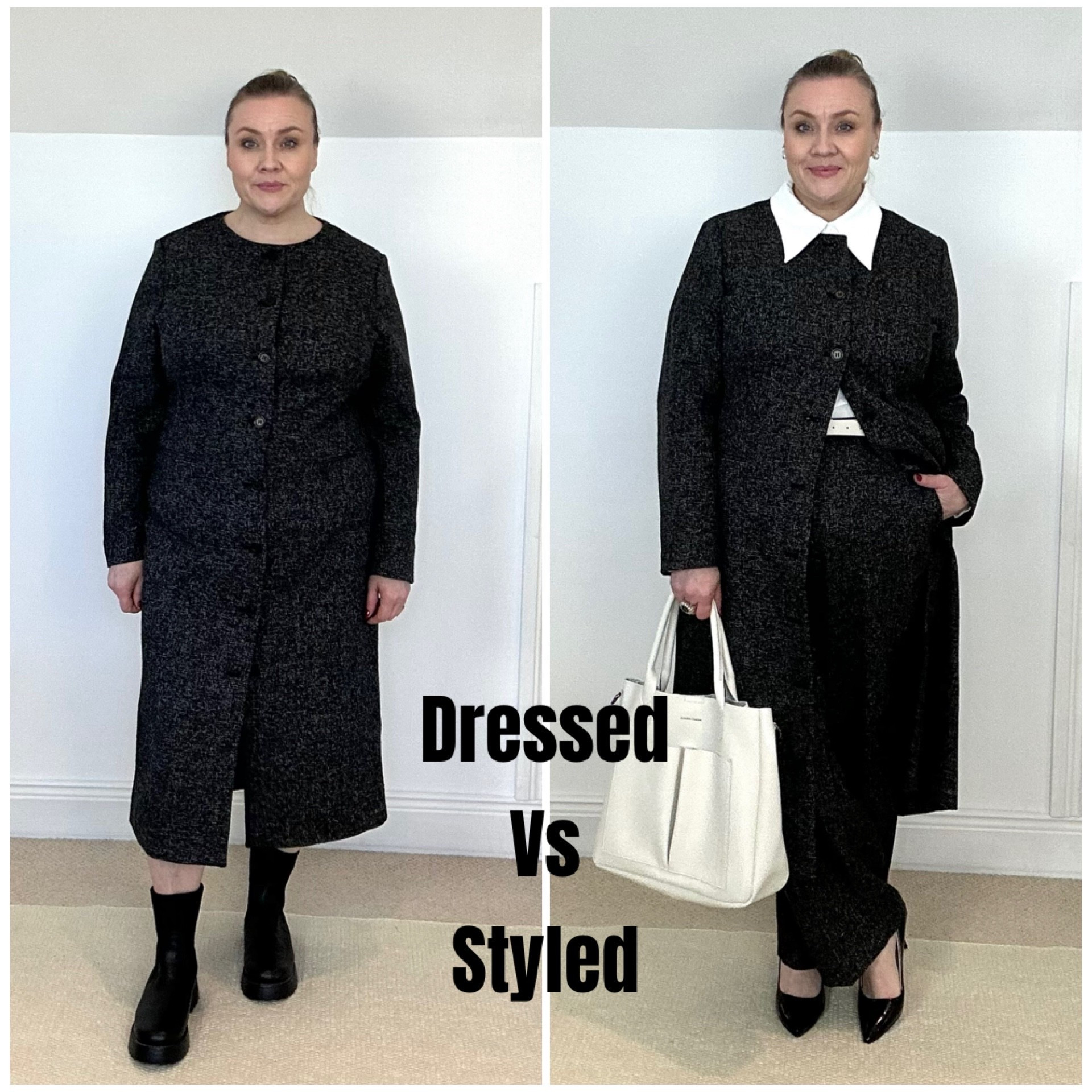 Sometimes it’s a little tweak that changes the outfit but other times we need to fully rethink the outfit. 

In this outfit I had to fully rethink as the dress is simply too snug over my tummy.

As this is a blazer dress it was an easy change. As I had already bought the matching trousers it was a case of simply using the dress as a suit. I added a shirt, a belt and a bag and last changed the chunky boots to a slimmer fitting heel for that polished look. 

#dressedvsstyled #outfitinspiration #plussizefashion #appleshape #personalstylist 

#LTKOver40 #LTKPlusSize #LTKootd