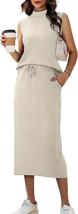 Casly Lamiit Women's 2 Piece Set Summer Casual Sleeveless Mock Neck Top Drawstring Midi Skirts Lo... | Amazon (US)