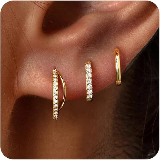 Small Sterling Silver Huggie Hoop Earrings Set for Women, Hypoallergenic 14K Gold Plated Hoops St... | Amazon (US)