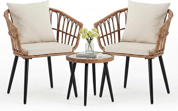 DUMOS 3 Pieces Outdoor Bistro Set, All-Weather PE Rattan Patio Furniture Set with Cushions, Steel... | Amazon (US)