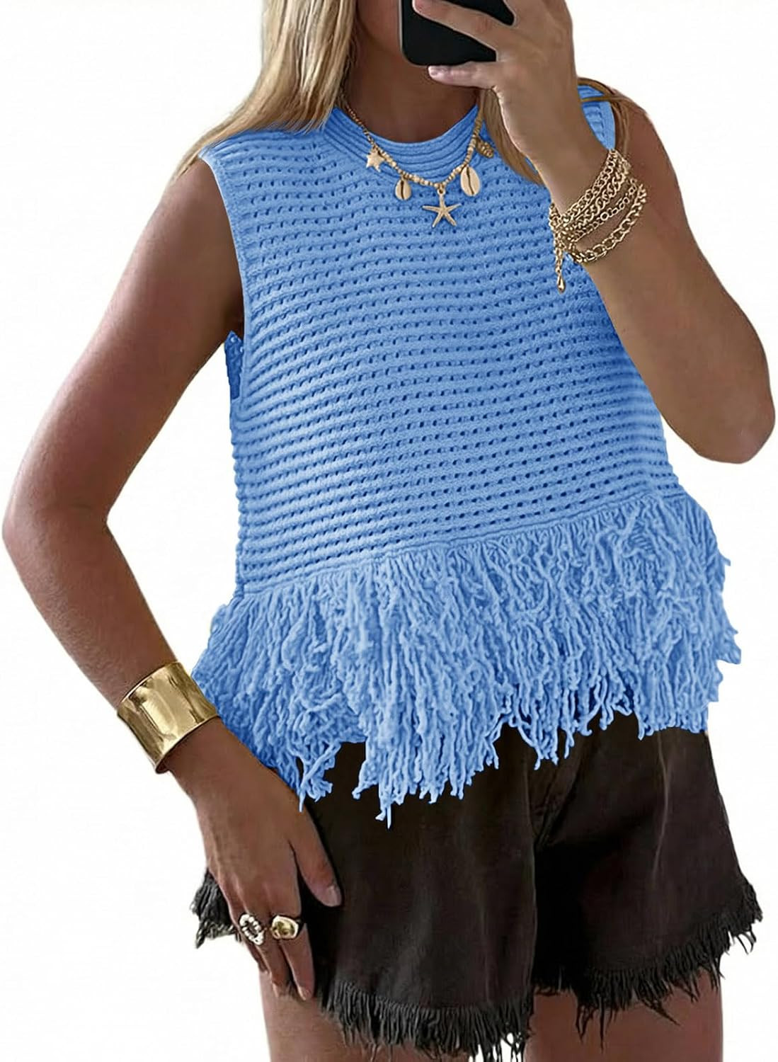 Saodimallsu Womens Crochet Crop Tank Tops Fringe Boho Summer Sweater Vest | Amazon (US)
