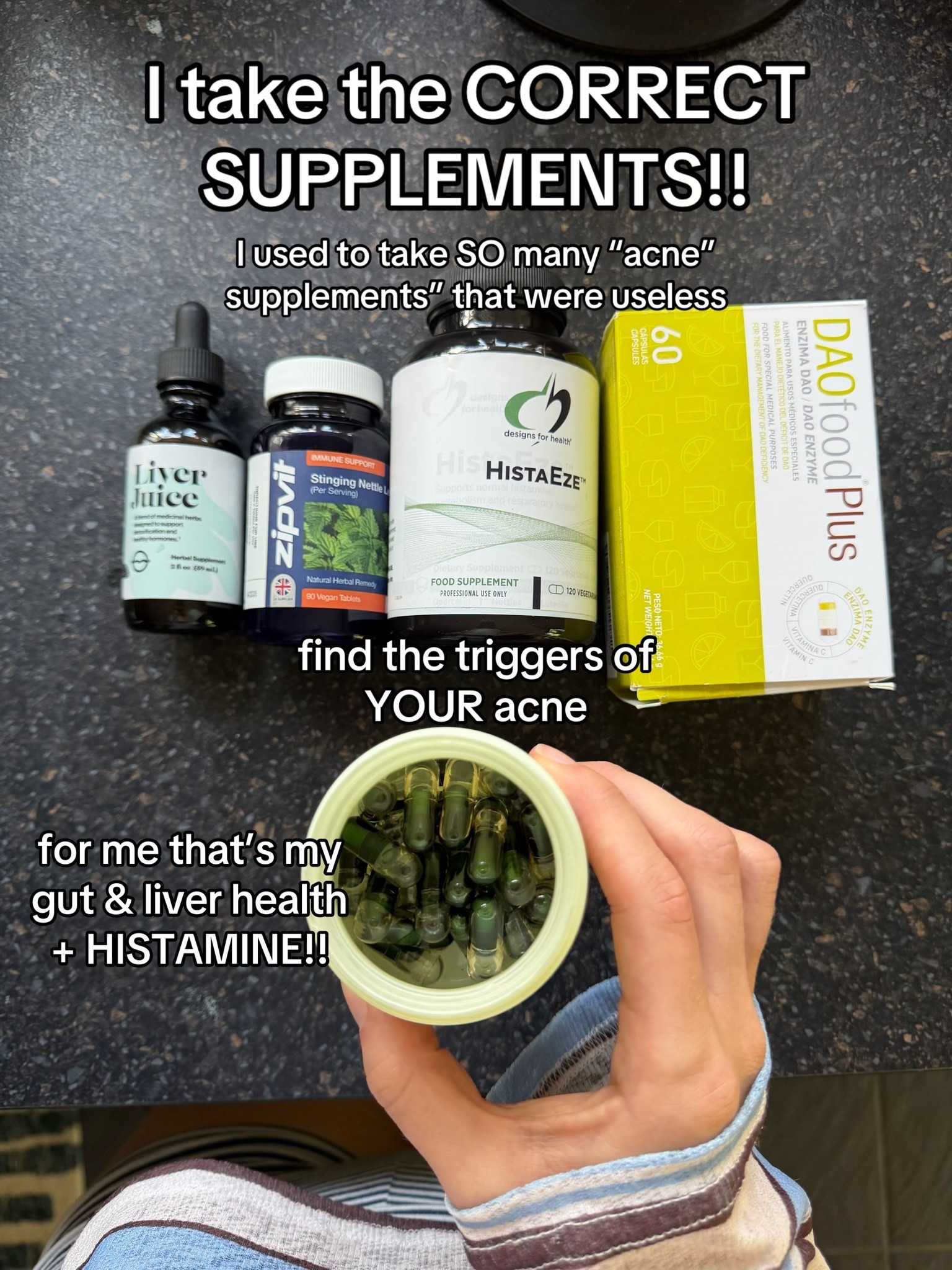 supplements I take for my acne + histamine levels💓

I couldn’t tag everything! The other 2 products are designs for health HistaEze + Epetome synbiotic💓