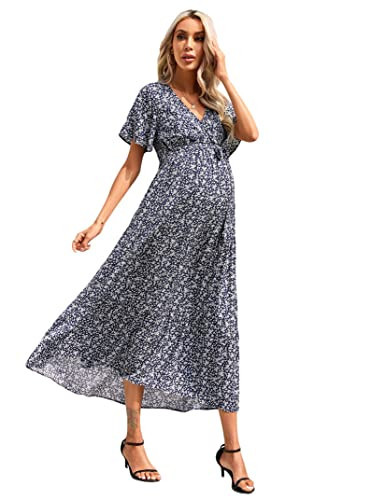 FUNJULY Maternity Dress Women's V-Neck Puff Sleeve Pleated Maternity Maxi Dress for Baby Shower or Casual Wear Navy Blue White Flowers S | Amazon (US)