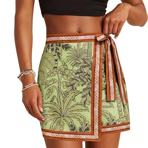 Tearsand Womens Wrap Skirt Summer Mini Skirts Mermaid Floral Printed Tie Side High Waist A Line Beach Short Skirt(Green,L) | Amazon (US)