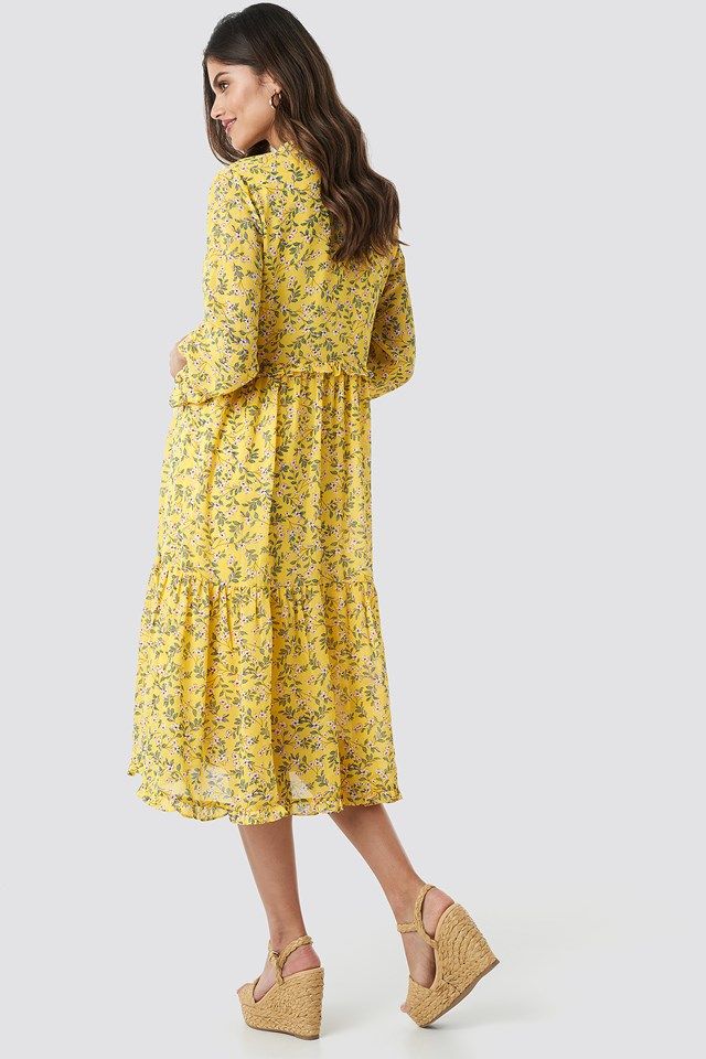 V-Neck Flower Print Chiffon Dress Gelb | NA-KD DE, AT, CH