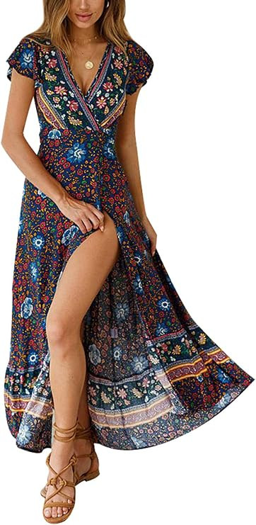 Temofon Women's Dresses Bohemian Floral Printed Summer Casual Short Sleeve Wrap V-Neck High Split... | Amazon (US)