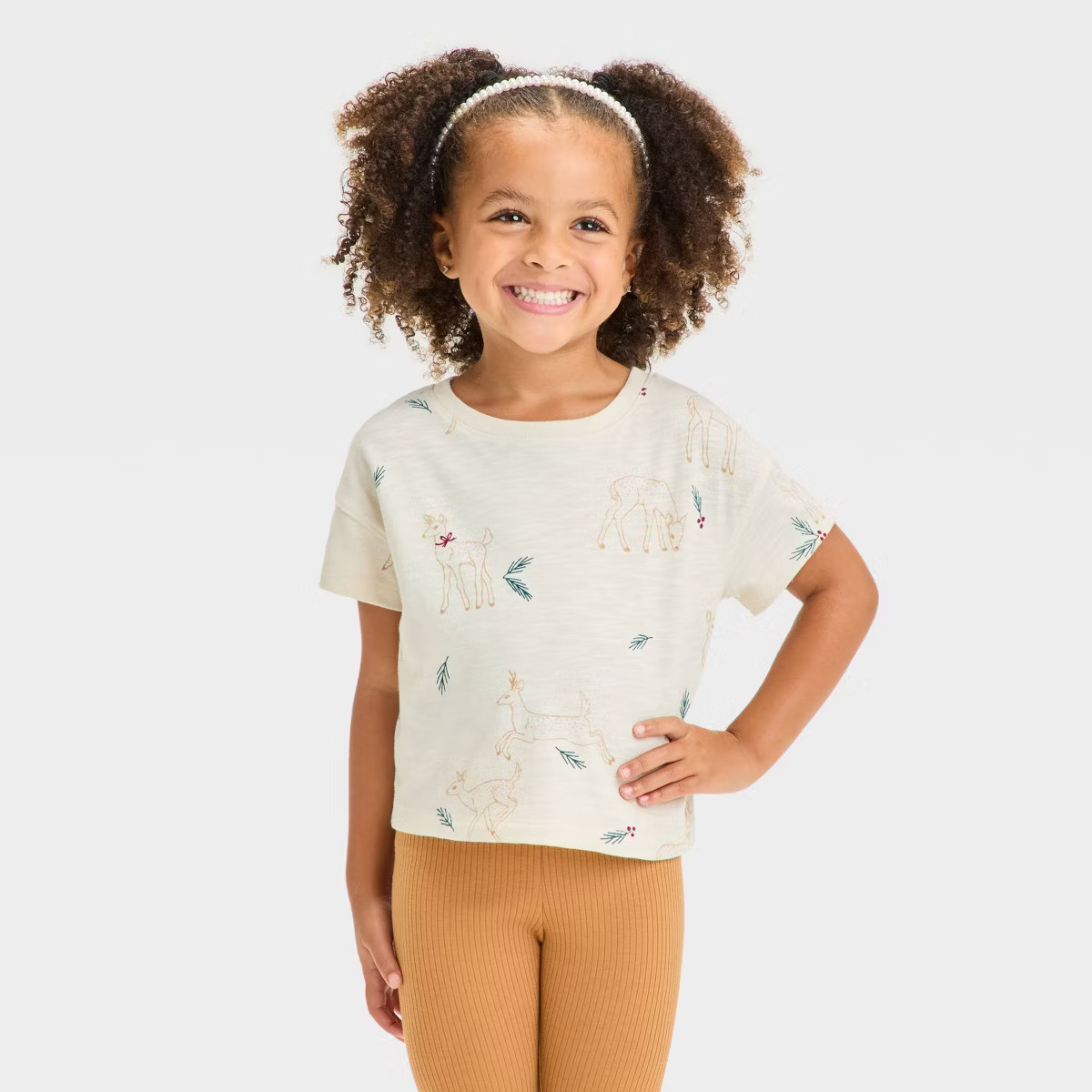 Toddler Girls' Christmas Boxy Deer Printed Graphic T-Shirt - Cat & Jack™ Beige 5T | Target