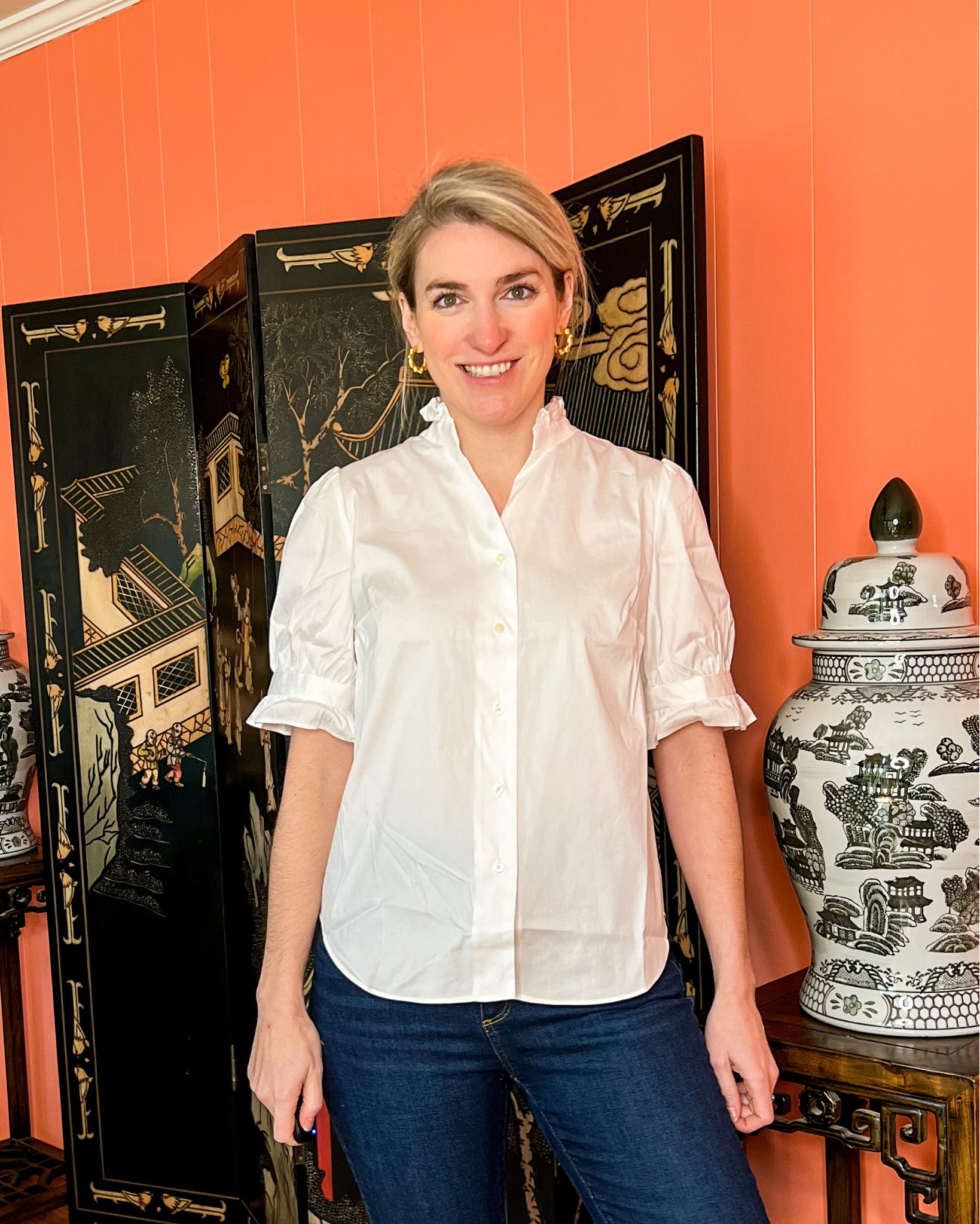 This is the Poplin Ruffle Button Top from Ann Taylor. If you need a classic white button down with a little frill, this is it! I love the ruffles along the sleeves (not tight or fitted at all) and the collar; the ruffles are repeated with gathering across the back of the shoulders. This is an easy one to tuck in, front tuck, wear out, whatever you want–perfect length for all the styles!