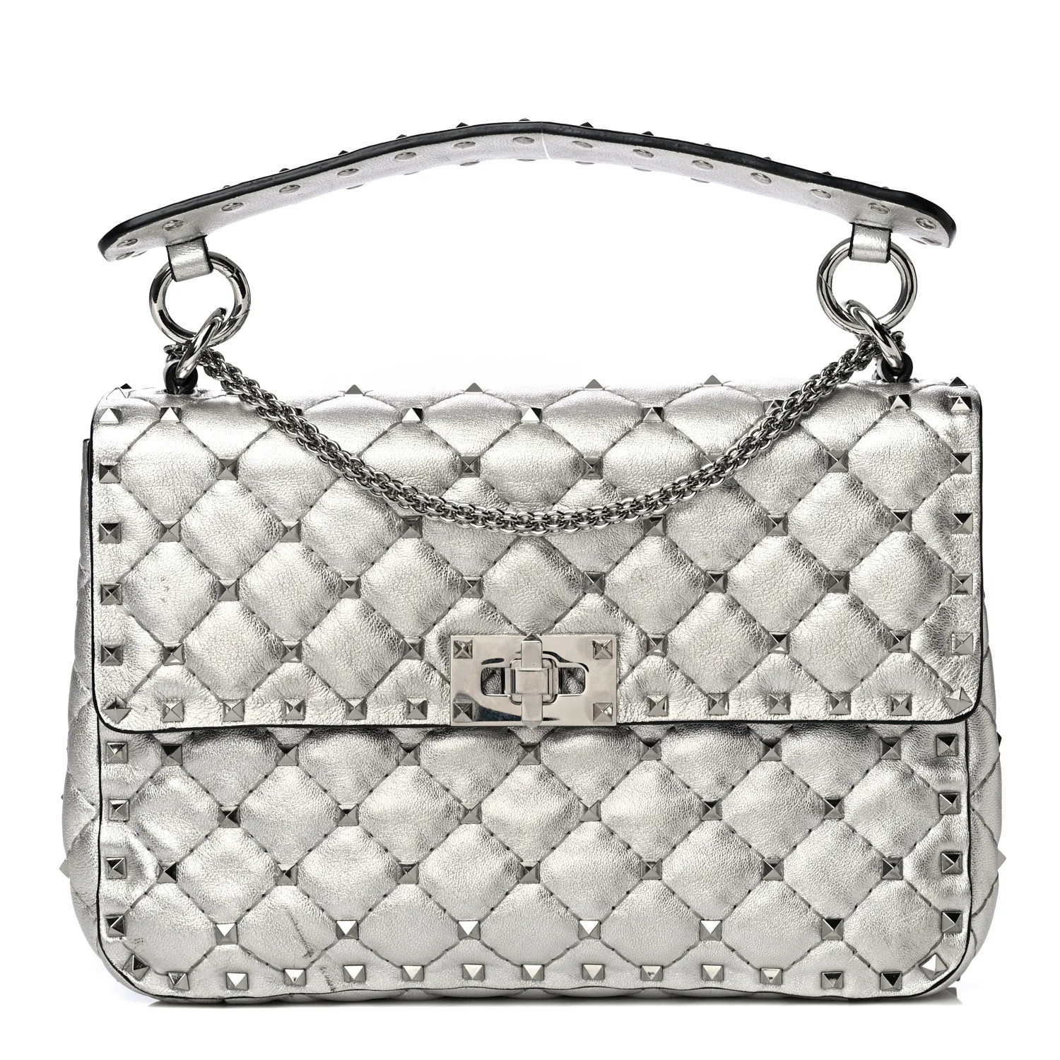 VALENTINO GARAVANI Metallic Nappa Medium Rockstud Spike Shoulder Bag Silver | FASHIONPHILE (US)